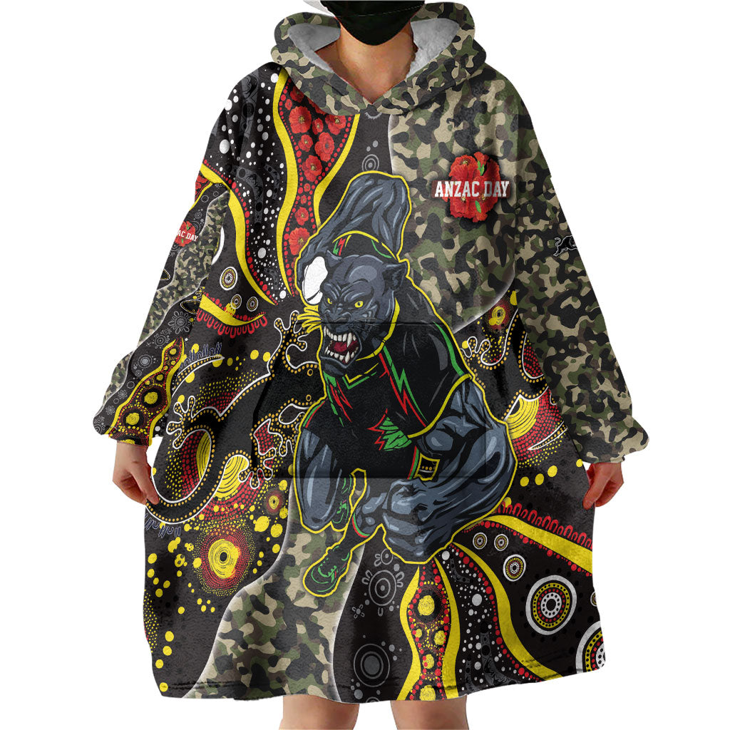 Personalized Penrith Panthers ANZAC Wearable Blanket Hoodie Aboriginal Indigenous Poppy Panther Warrior