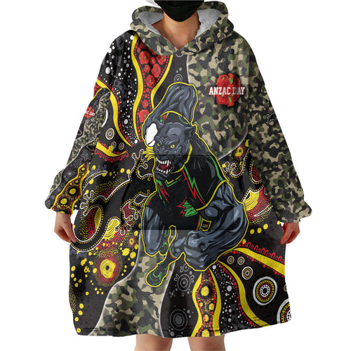 Personalized Penrith Panthers ANZAC Wearable Blanket Hoodie Aboriginal Indigenous Poppy Panther Warrior