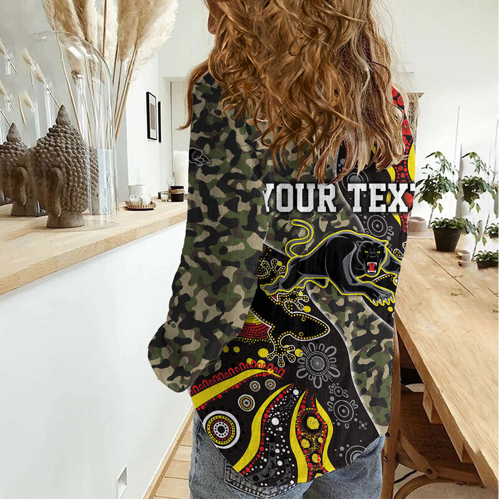 Personalized Penrith Panthers ANZAC Women Casual Shirt Aboriginal Indigenous Poppy Panther Warrior