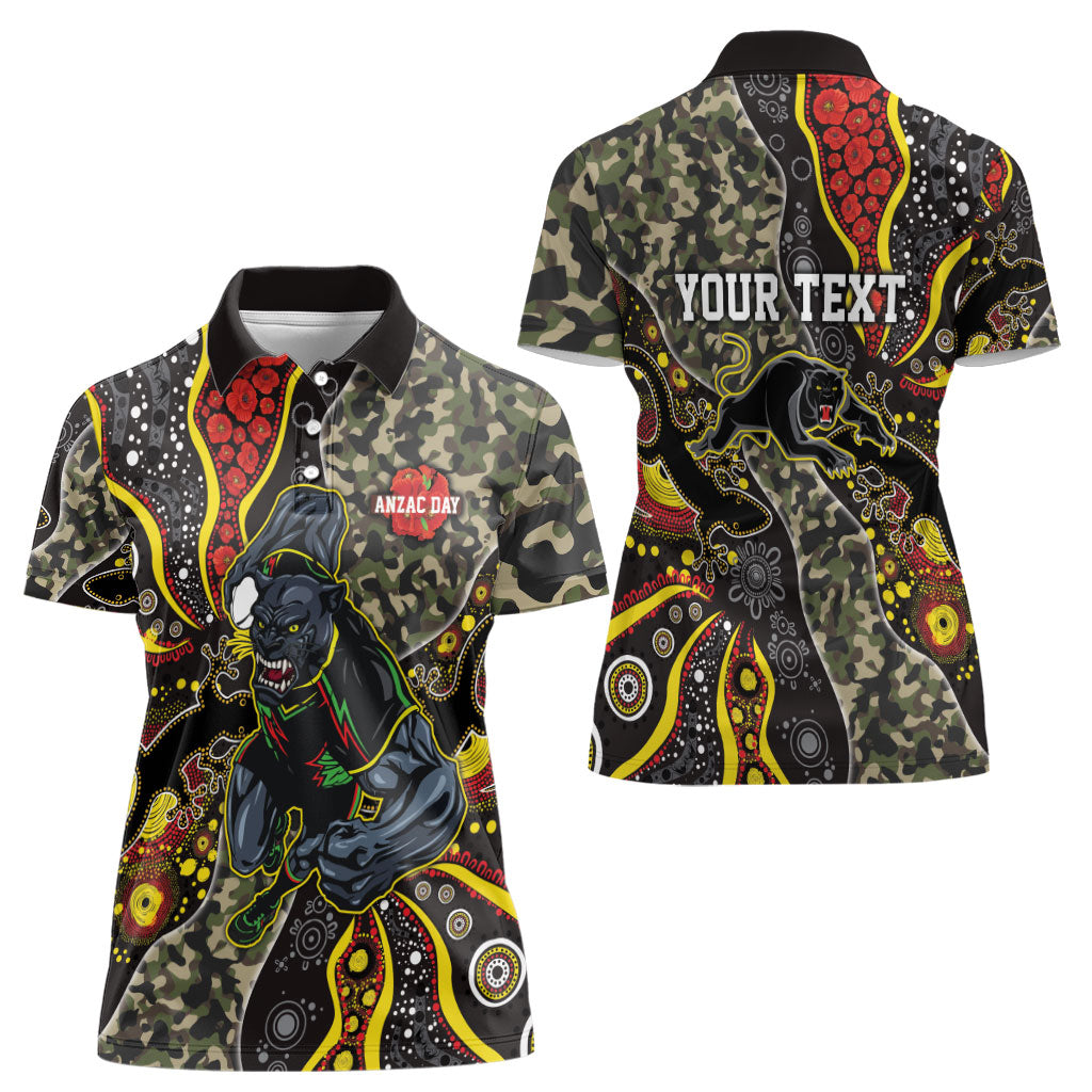 Personalized Penrith Panthers ANZAC Women Polo Shirt Aboriginal Indigenous Poppy Panther Warrior