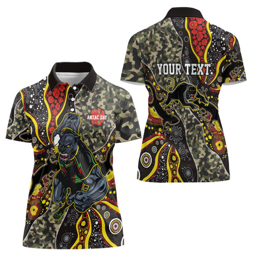 Personalized Penrith Panthers ANZAC Women Polo Shirt Aboriginal Indigenous Poppy Panther Warrior