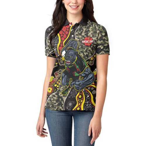Personalized Penrith Panthers ANZAC Women Polo Shirt Aboriginal Indigenous Poppy Panther Warrior