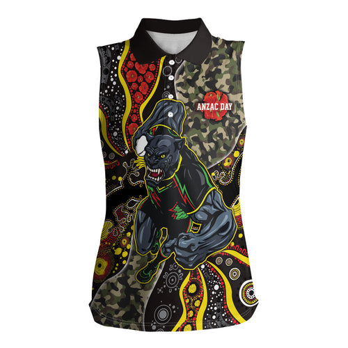 Personalized Penrith Panthers ANZAC Women Sleeveless Polo Shirt Aboriginal Indigenous Poppy Panther Warrior