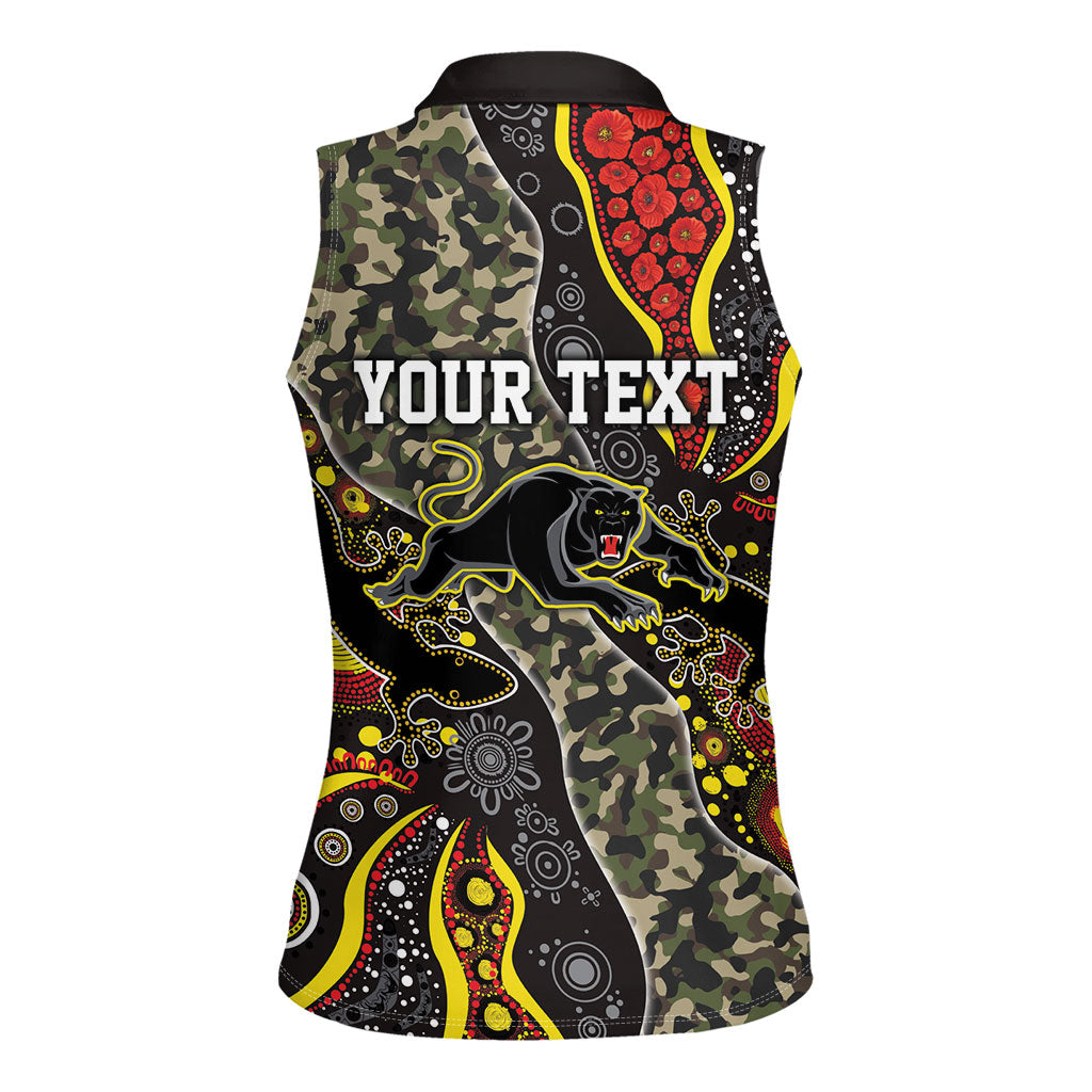 Personalized Penrith Panthers ANZAC Women Sleeveless Polo Shirt Aboriginal Indigenous Poppy Panther Warrior