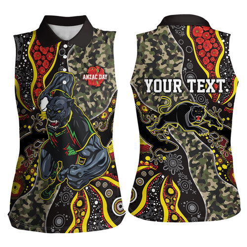 Personalized Penrith Panthers ANZAC Women Sleeveless Polo Shirt Aboriginal Indigenous Poppy Panther Warrior