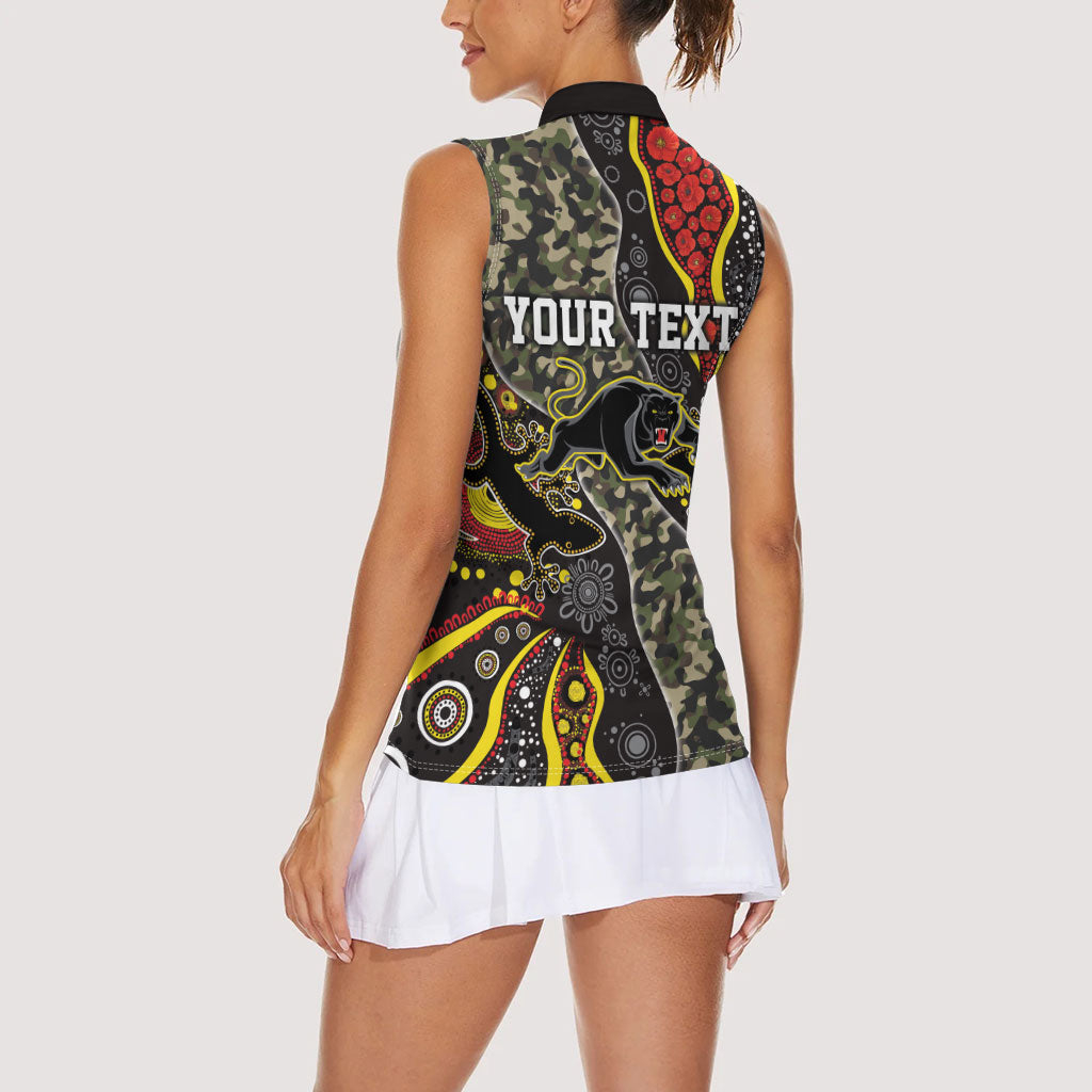 Personalized Penrith Panthers ANZAC Women Sleeveless Polo Shirt Aboriginal Indigenous Poppy Panther Warrior