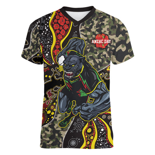 Personalized Penrith Panthers ANZAC Women V-Neck T-Shirt Aboriginal Indigenous Poppy Panther Warrior