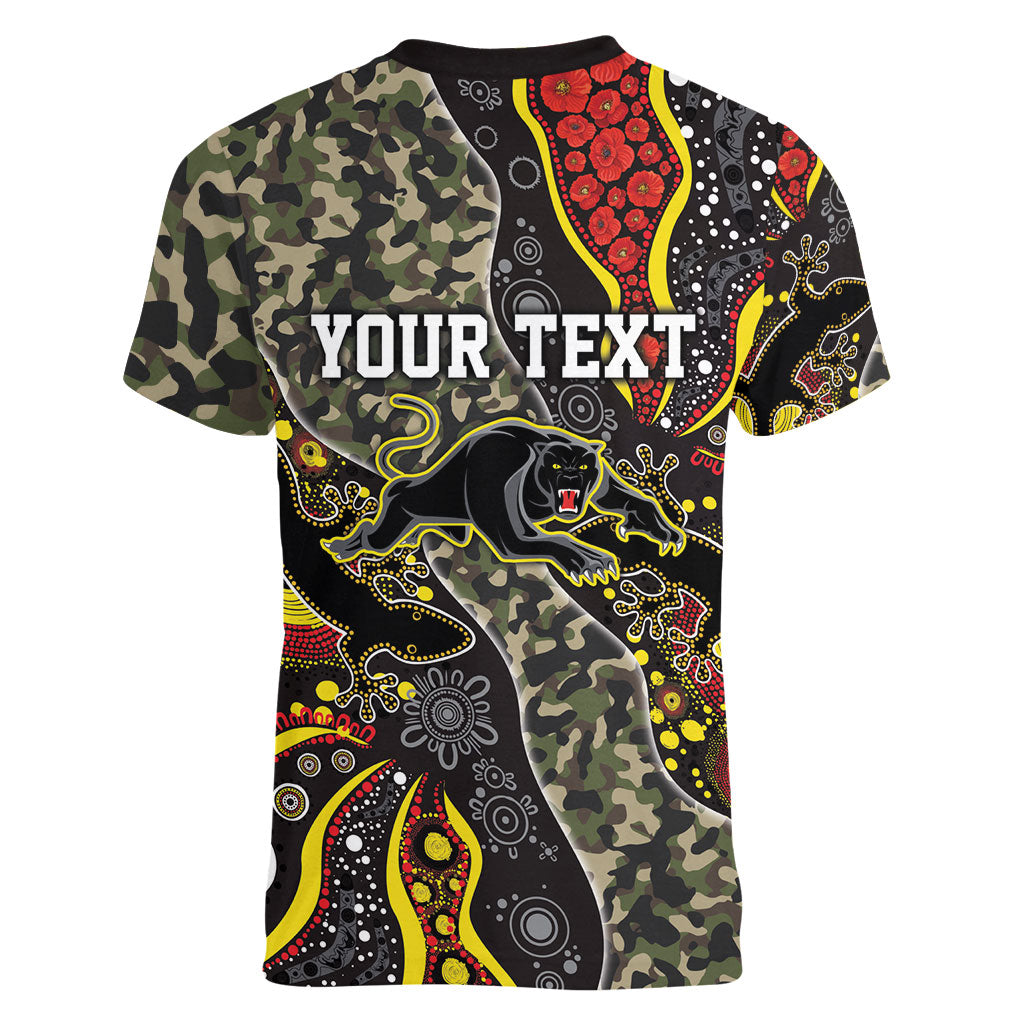 Personalized Penrith Panthers ANZAC Women V-Neck T-Shirt Aboriginal Indigenous Poppy Panther Warrior