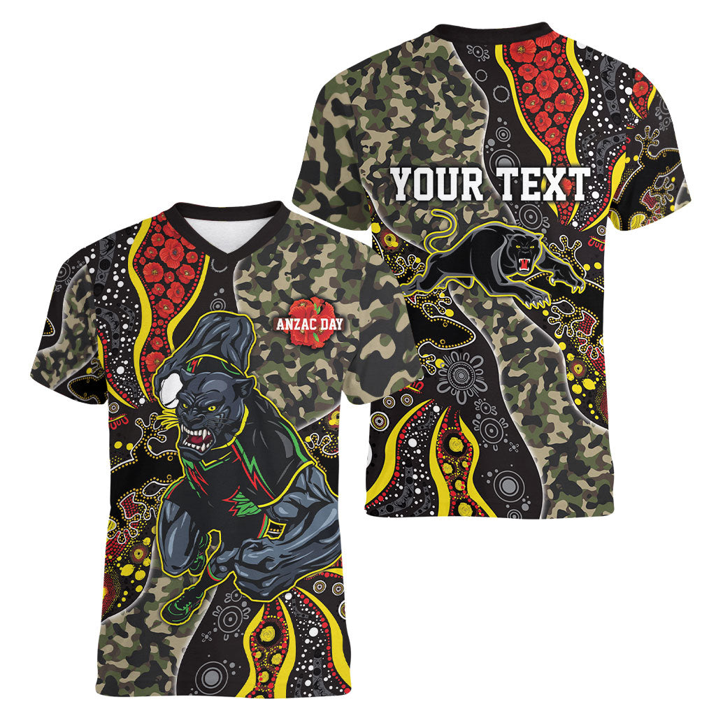 Personalized Penrith Panthers ANZAC Women V-Neck T-Shirt Aboriginal Indigenous Poppy Panther Warrior