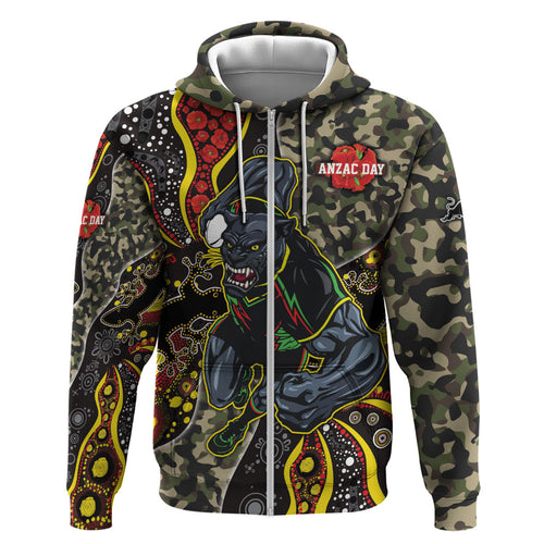 Personalized Penrith Panthers ANZAC Zip Hoodie Aboriginal Indigenous Poppy Panther Warrior