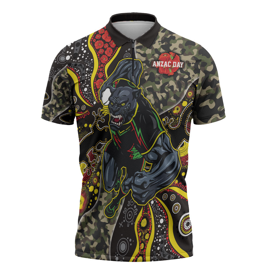 Personalized Penrith Panthers ANZAC Zipper Polo Shirt Aboriginal Indigenous Poppy Panther Warrior