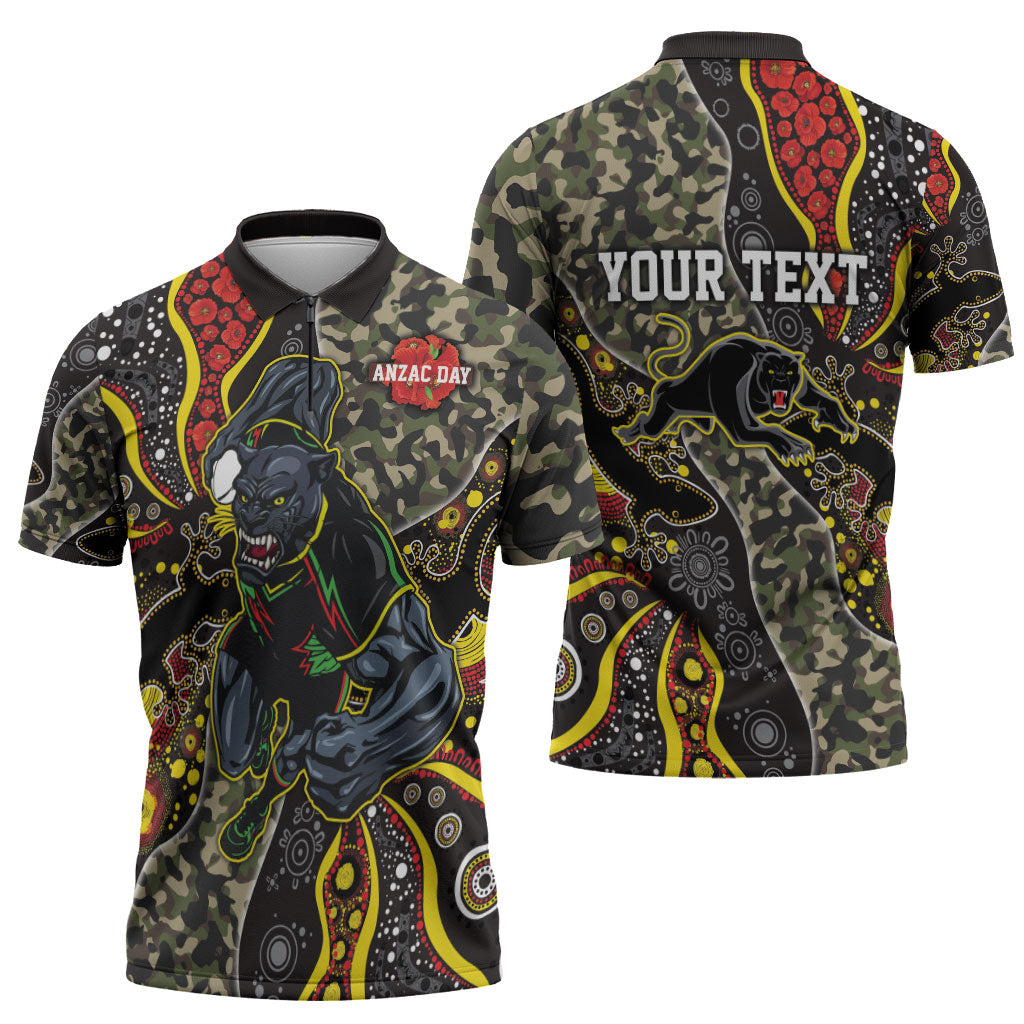Personalized Penrith Panthers ANZAC Zipper Polo Shirt Aboriginal Indigenous Poppy Panther Warrior