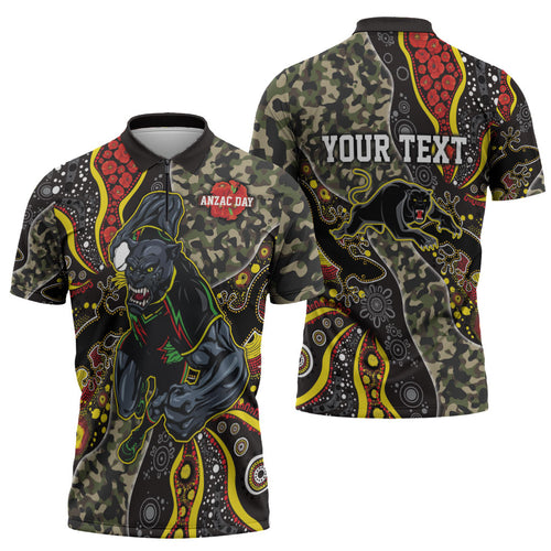 Personalized Penrith Panthers ANZAC Zipper Polo Shirt Aboriginal Indigenous Poppy Panther Warrior