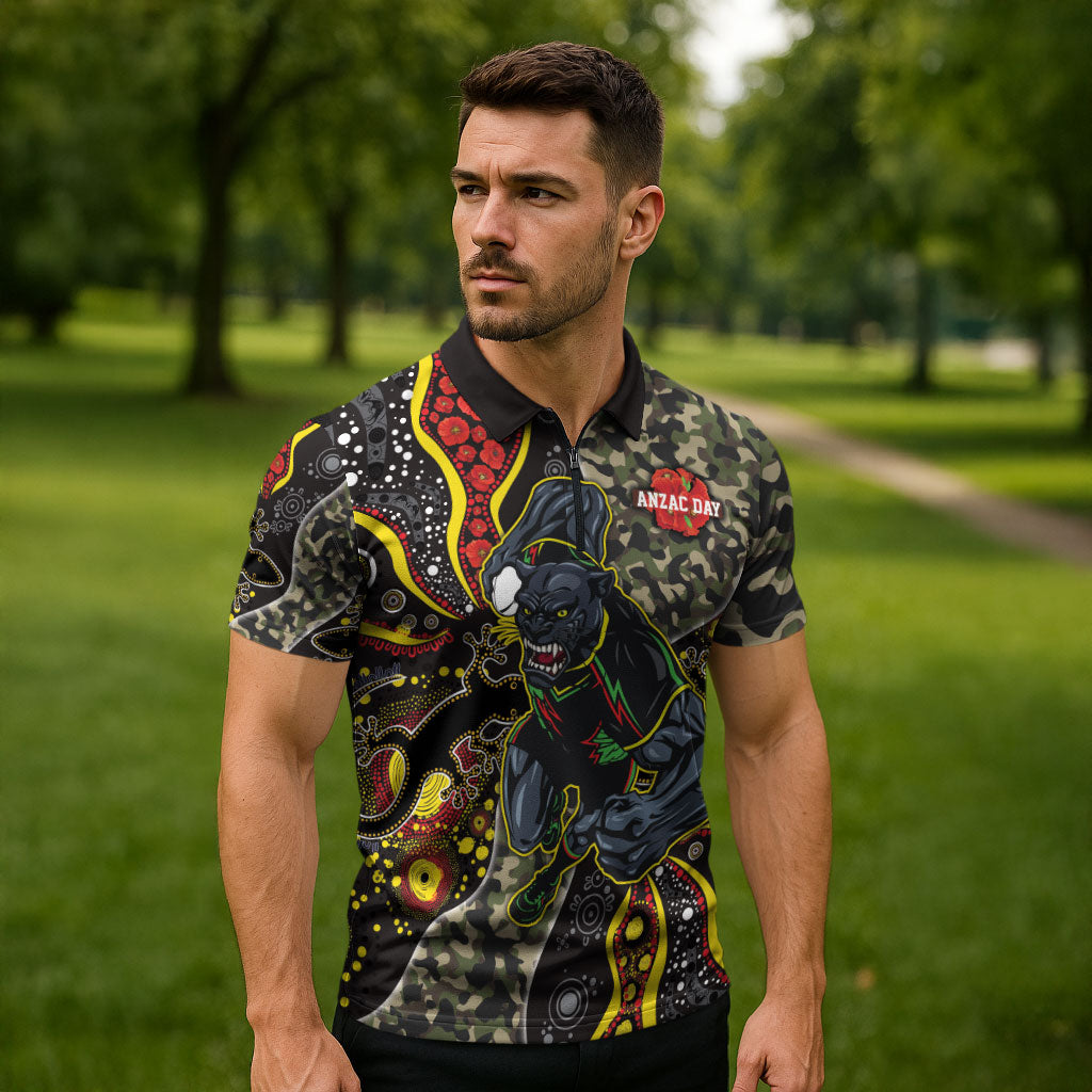 Personalized Penrith Panthers ANZAC Zipper Polo Shirt Aboriginal Indigenous Poppy Panther Warrior