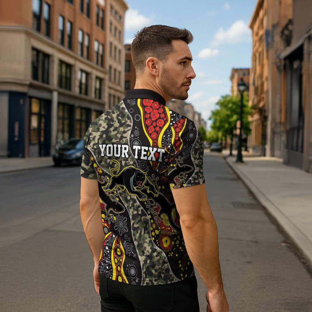 Personalized Penrith Panthers ANZAC Zipper Polo Shirt Aboriginal Indigenous Poppy Panther Warrior