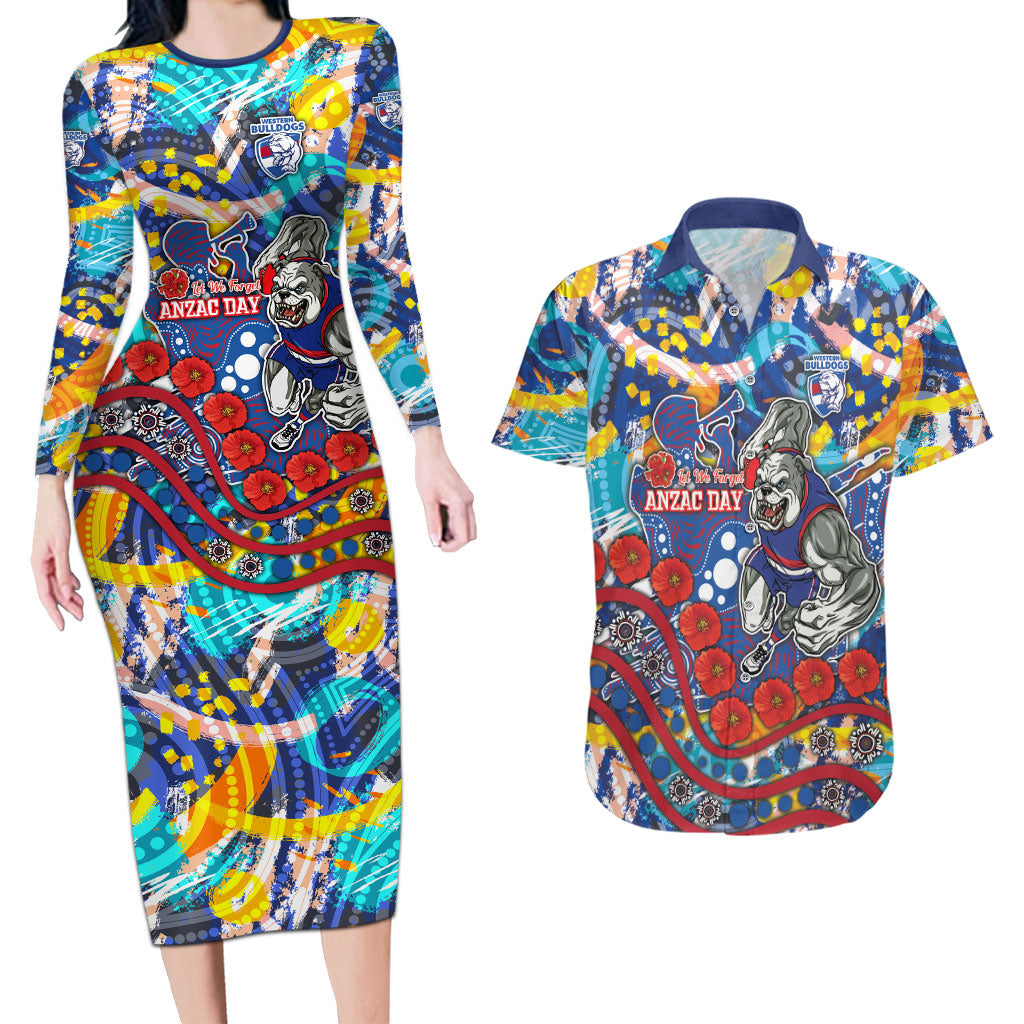 Western Bulldogs ANZAC Day Couples Matching Long Sleeve Bodycon Dress and Hawaiian Shirt Aboriginal Dot Art Indigenous Australian Cultural