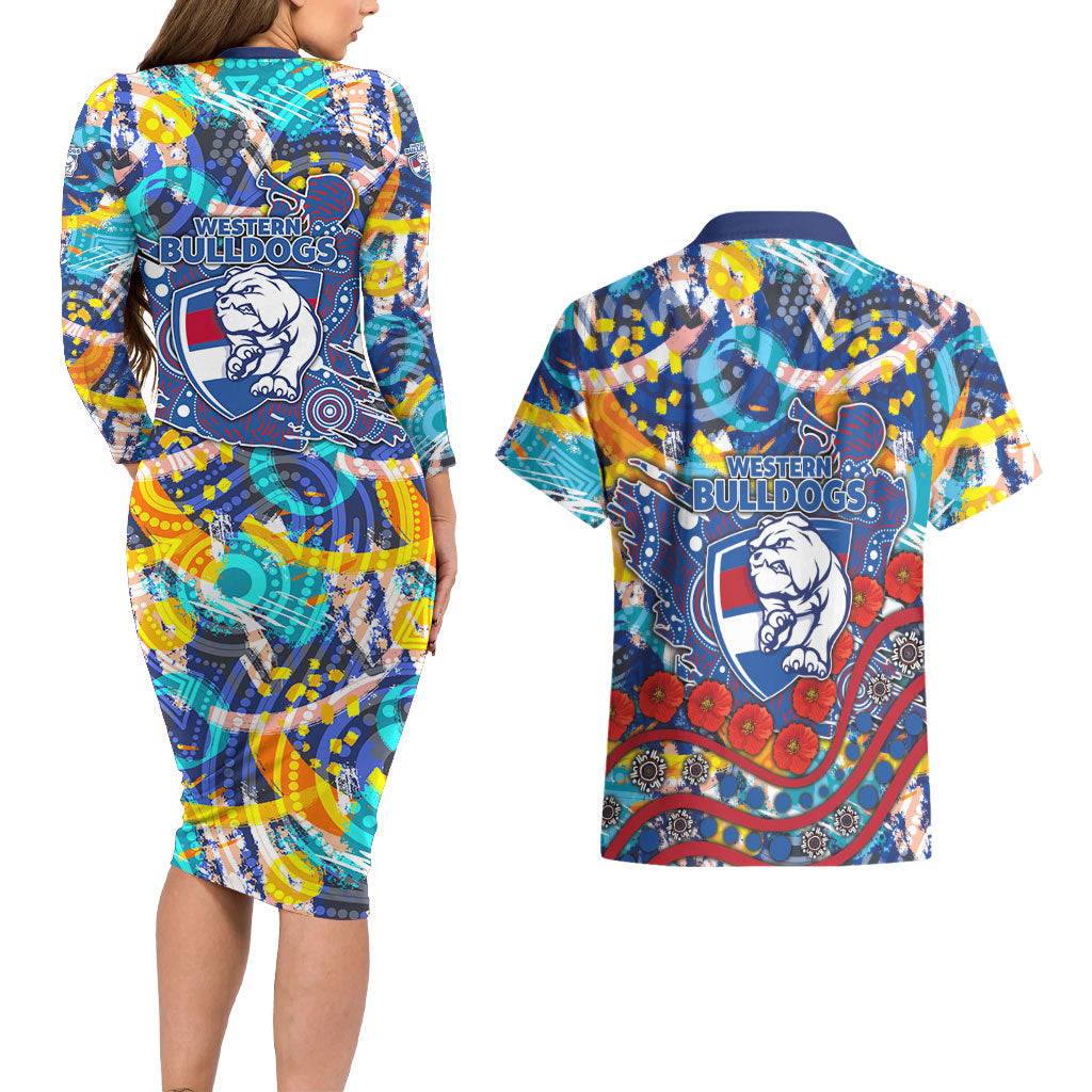 Western Bulldogs ANZAC Day Couples Matching Long Sleeve Bodycon Dress and Hawaiian Shirt Aboriginal Dot Art Indigenous Australian Cultural