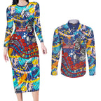 Western Bulldogs ANZAC Day Couples Matching Long Sleeve Bodycon Dress and Long Sleeve Button Shirt Aboriginal Dot Art Indigenous Australian Cultural