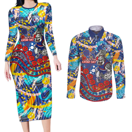 Western Bulldogs ANZAC Day Couples Matching Long Sleeve Bodycon Dress and Long Sleeve Button Shirt Aboriginal Dot Art Indigenous Australian Cultural