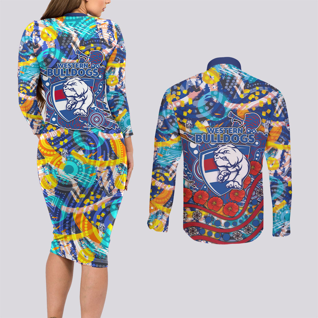 Western Bulldogs ANZAC Day Couples Matching Long Sleeve Bodycon Dress and Long Sleeve Button Shirt Aboriginal Dot Art Indigenous Australian Cultural