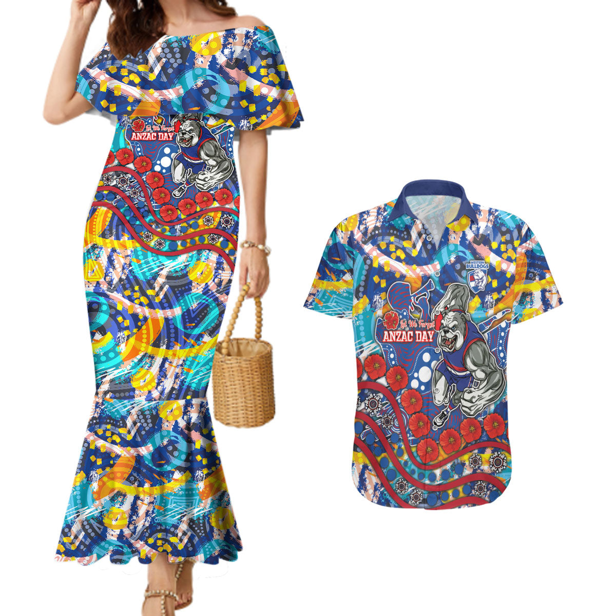 Western Bulldogs ANZAC Day Couples Matching Mermaid Dress and Hawaiian Shirt Aboriginal Dot Art Indigenous Australian Cultural