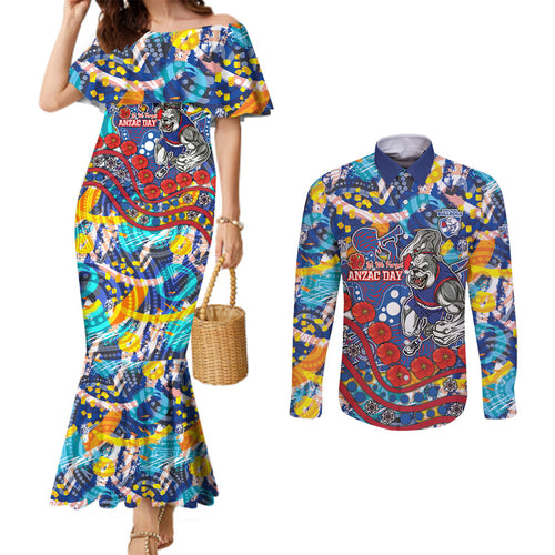 Western Bulldogs ANZAC Day Couples Matching Mermaid Dress and Long Sleeve Button Shirt Aboriginal Dot Art Indigenous Australian Cultural