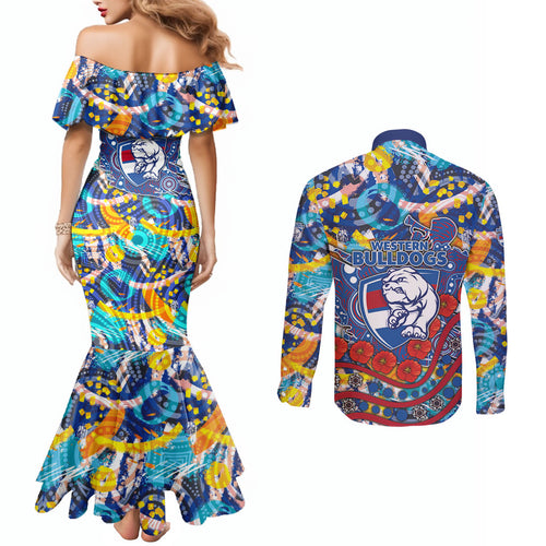 Western Bulldogs ANZAC Day Couples Matching Mermaid Dress and Long Sleeve Button Shirt Aboriginal Dot Art Indigenous Australian Cultural
