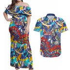 Western Bulldogs ANZAC Day Couples Matching Off Shoulder Maxi Dress and Hawaiian Shirt Aboriginal Dot Art Indigenous Australian Cultural