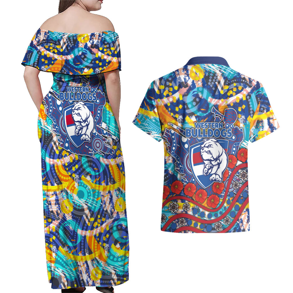 Western Bulldogs ANZAC Day Couples Matching Off Shoulder Maxi Dress and Hawaiian Shirt Aboriginal Dot Art Indigenous Australian Cultural