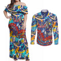 Western Bulldogs ANZAC Day Couples Matching Off Shoulder Maxi Dress and Long Sleeve Button Shirt Aboriginal Dot Art Indigenous Australian Cultural