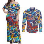 Western Bulldogs ANZAC Day Couples Matching Off Shoulder Maxi Dress and Long Sleeve Button Shirt Aboriginal Dot Art Indigenous Australian Cultural