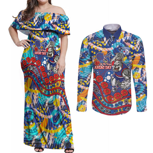 Western Bulldogs ANZAC Day Couples Matching Off Shoulder Maxi Dress and Long Sleeve Button Shirt Aboriginal Dot Art Indigenous Australian Cultural
