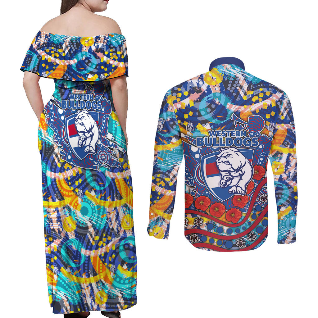 Western Bulldogs ANZAC Day Couples Matching Off Shoulder Maxi Dress and Long Sleeve Button Shirt Aboriginal Dot Art Indigenous Australian Cultural