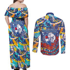 Western Bulldogs ANZAC Day Couples Matching Off Shoulder Maxi Dress and Long Sleeve Button Shirt Aboriginal Dot Art Indigenous Australian Cultural