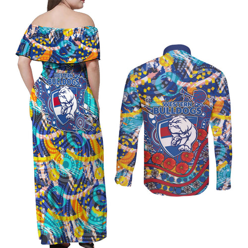 Western Bulldogs ANZAC Day Couples Matching Off Shoulder Maxi Dress and Long Sleeve Button Shirt Aboriginal Dot Art Indigenous Australian Cultural