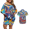 Western Bulldogs ANZAC Day Couples Matching Off Shoulder Short Dress and Hawaiian Shirt Aboriginal Dot Art Indigenous Australian Cultural