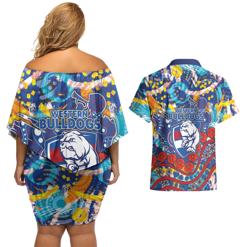 Western Bulldogs ANZAC Day Couples Matching Off Shoulder Short Dress and Hawaiian Shirt Aboriginal Dot Art Indigenous Australian Cultural