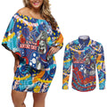 Western Bulldogs ANZAC Day Couples Matching Off Shoulder Short Dress and Long Sleeve Button Shirt Aboriginal Dot Art Indigenous Australian Cultural