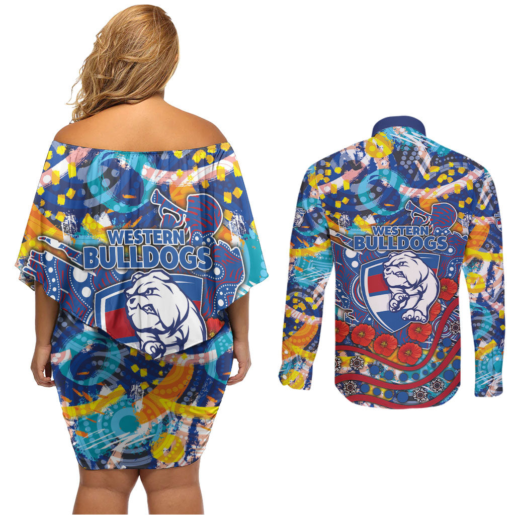 Western Bulldogs ANZAC Day Couples Matching Off Shoulder Short Dress and Long Sleeve Button Shirt Aboriginal Dot Art Indigenous Australian Cultural