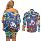 Western Bulldogs ANZAC Day Couples Matching Off Shoulder Short Dress and Long Sleeve Button Shirt Aboriginal Dot Art Indigenous Australian Cultural