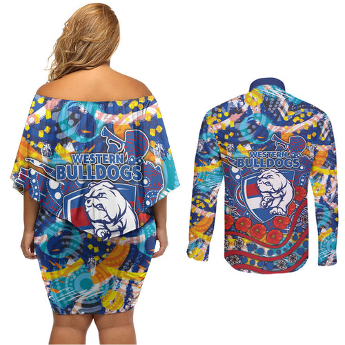 Western Bulldogs ANZAC Day Couples Matching Off Shoulder Short Dress and Long Sleeve Button Shirt Aboriginal Dot Art Indigenous Australian Cultural
