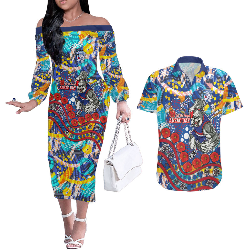 Western Bulldogs ANZAC Day Couples Matching Off The Shoulder Long Sleeve Dress and Hawaiian Shirt Aboriginal Dot Art Indigenous Australian Cultural