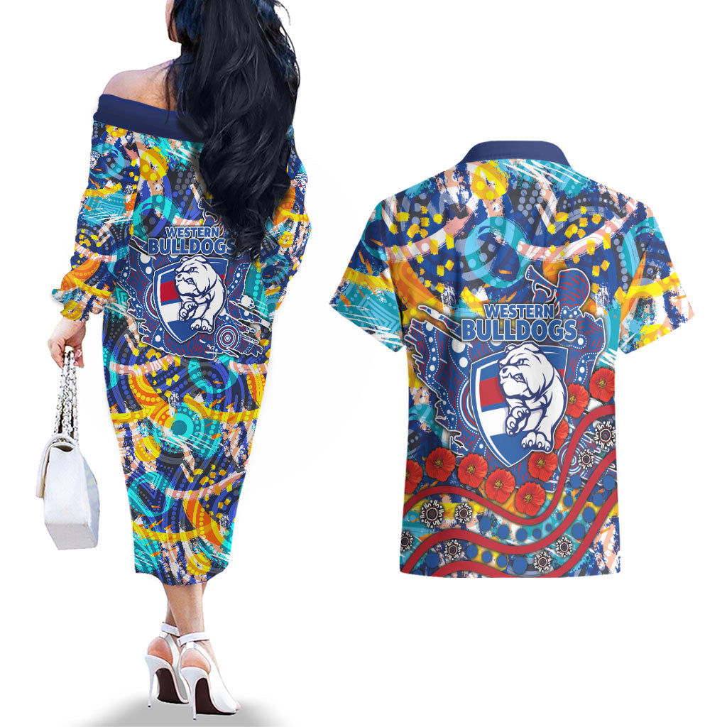 Western Bulldogs ANZAC Day Couples Matching Off The Shoulder Long Sleeve Dress and Hawaiian Shirt Aboriginal Dot Art Indigenous Australian Cultural