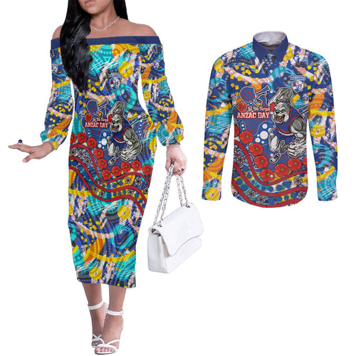 Western Bulldogs ANZAC Day Couples Matching Off The Shoulder Long Sleeve Dress and Long Sleeve Button Shirt Aboriginal Dot Art Indigenous Australian Cultural