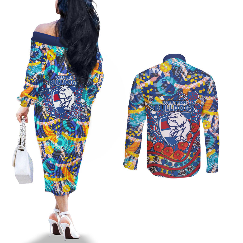 Western Bulldogs ANZAC Day Couples Matching Off The Shoulder Long Sleeve Dress and Long Sleeve Button Shirt Aboriginal Dot Art Indigenous Australian Cultural