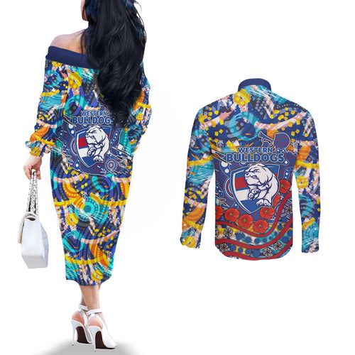 Western Bulldogs ANZAC Day Couples Matching Off The Shoulder Long Sleeve Dress and Long Sleeve Button Shirt Aboriginal Dot Art Indigenous Australian Cultural