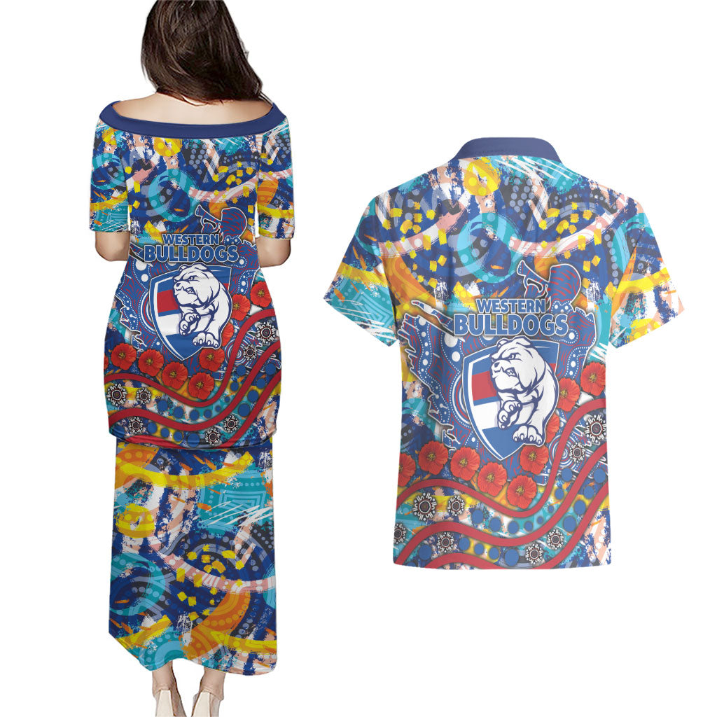 Western Bulldogs ANZAC Day Couples Matching Puletasi and Hawaiian Shirt Aboriginal Dot Art Indigenous Australian Cultural