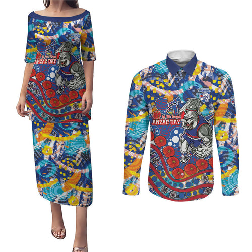 Western Bulldogs ANZAC Day Couples Matching Puletasi and Long Sleeve Button Shirt Aboriginal Dot Art Indigenous Australian Cultural