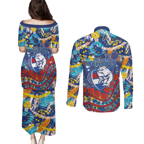 Western Bulldogs ANZAC Day Couples Matching Puletasi and Long Sleeve Button Shirt Aboriginal Dot Art Indigenous Australian Cultural
