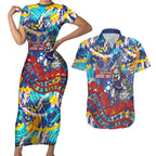 Western Bulldogs ANZAC Day Couples Matching Short Sleeve Bodycon Dress and Hawaiian Shirt Aboriginal Dot Art Indigenous Australian Cultural